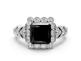 White gold Fancy Black Princess Cut Brilliant Milgrain Pave Heart Band Solitaire Ring_12
