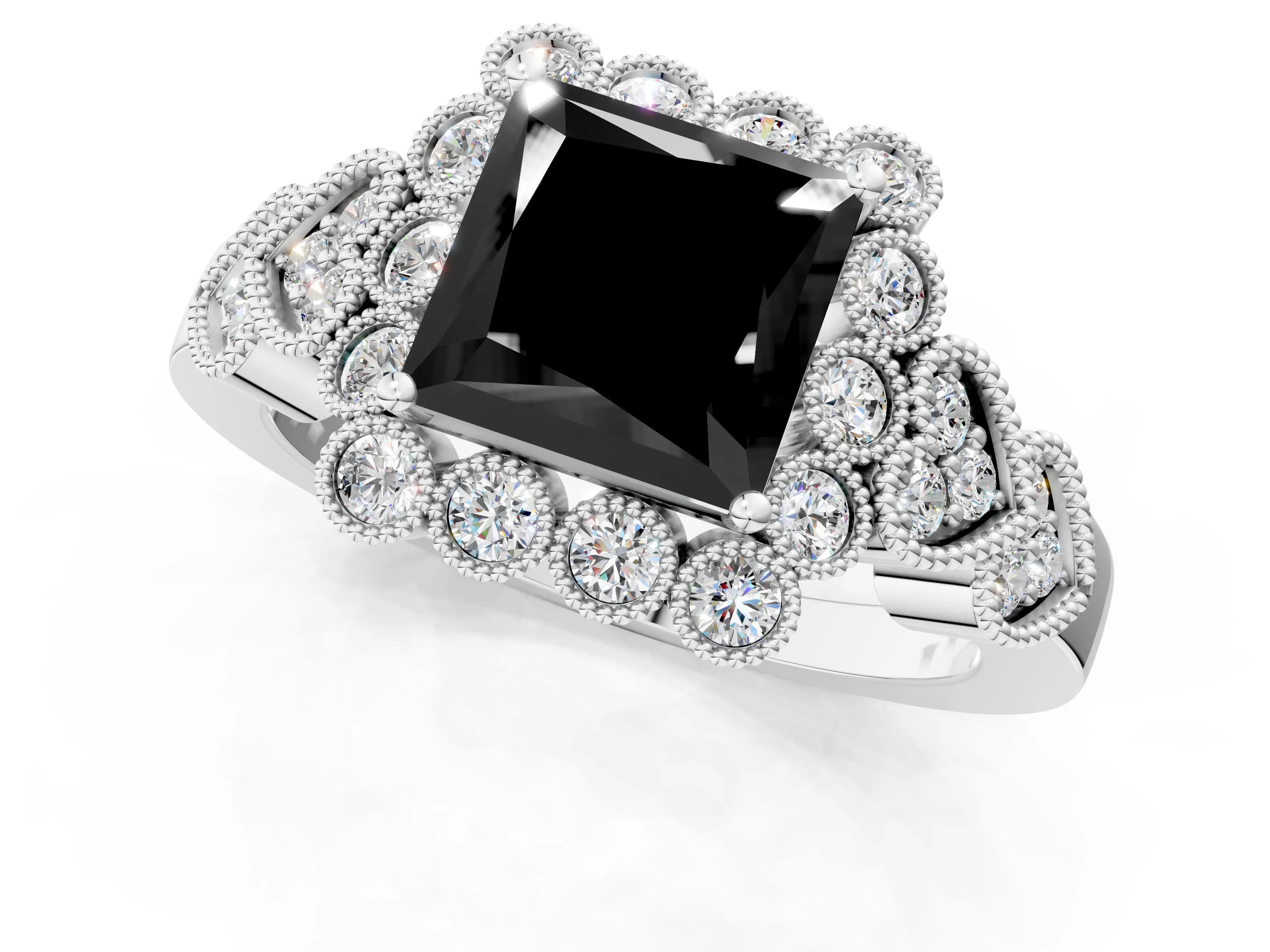 White gold Fancy Black Princess Cut Brilliant Milgrain Pave Heart Band Solitaire Ring_13