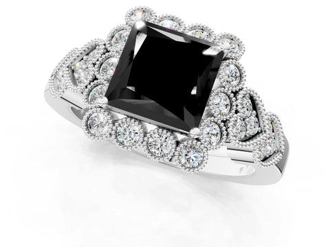 White gold Fancy Black Princess Cut Brilliant Milgrain Pave Heart Band Solitaire Ring_13