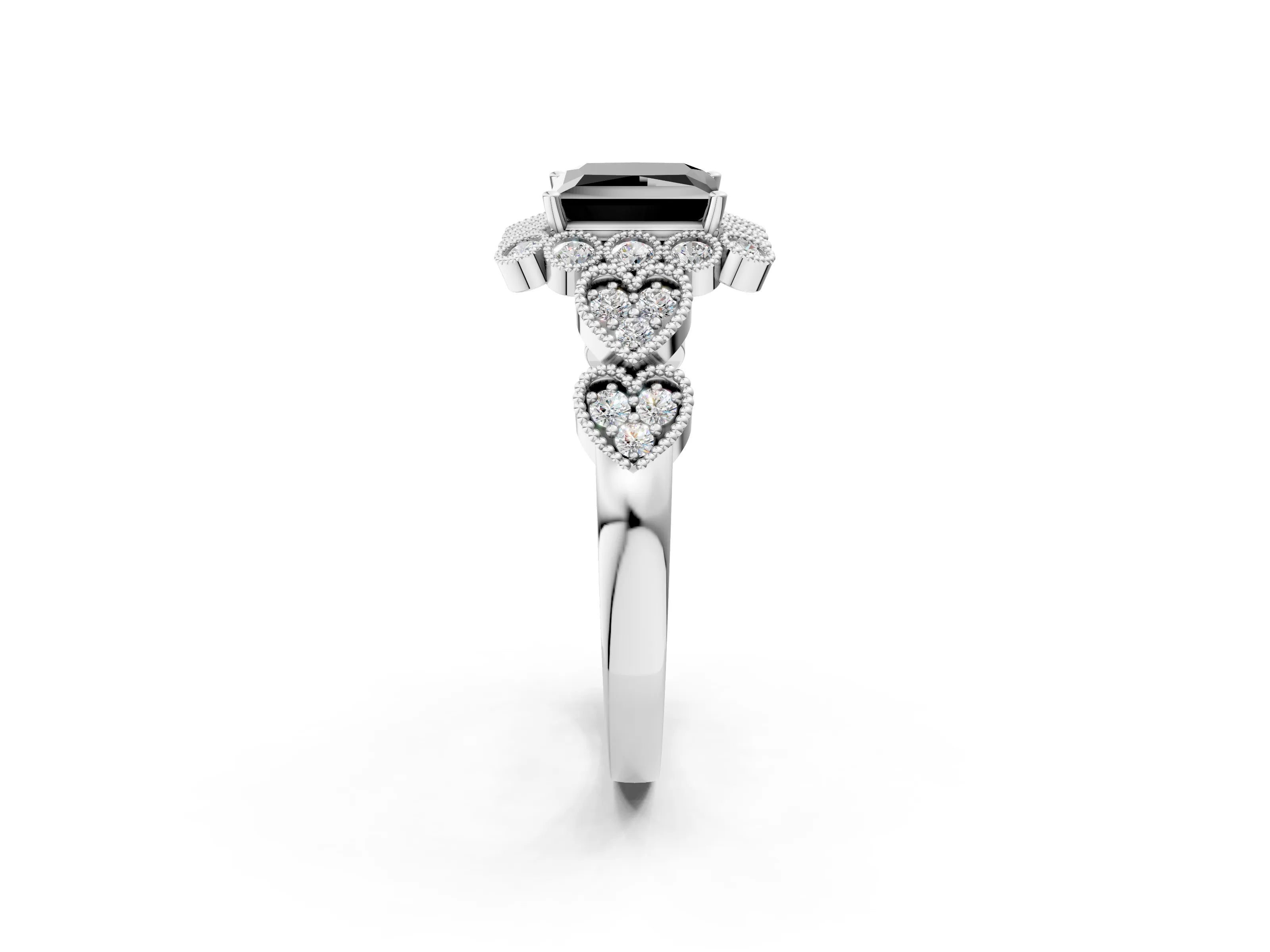 White gold Fancy Black Princess Cut Brilliant Milgrain Pave Heart Band Solitaire Ring_14