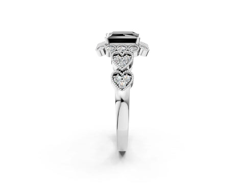 White gold Fancy Black Princess Cut Brilliant Milgrain Pave Heart Band Solitaire Ring_14