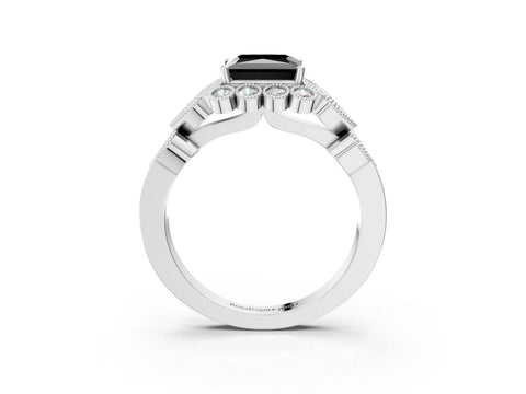 White gold Fancy Black Princess Cut Brilliant Milgrain Pave Heart Band Solitaire Ring_15