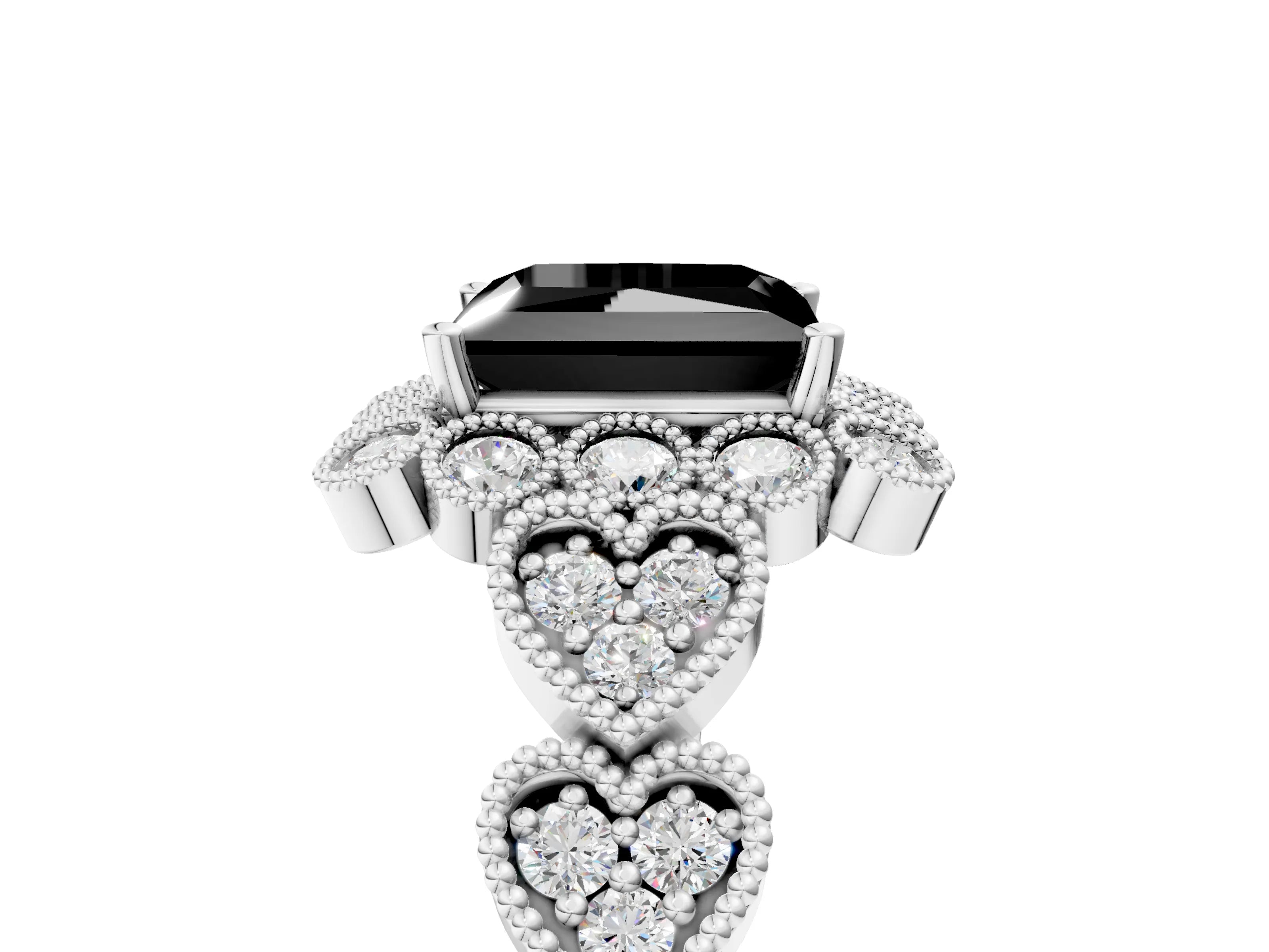 White gold Fancy Black Princess Cut Brilliant Milgrain Pave Heart Band Solitaire Ring_17
