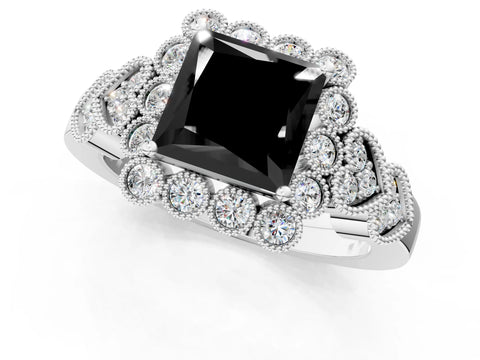 White gold Fancy Black Princess Cut Brilliant Milgrain Pave Heart Band Solitaire Ring_1