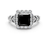 White gold Fancy Black Princess Cut Brilliant Milgrain Pave Heart Band Solitaire Ring_24