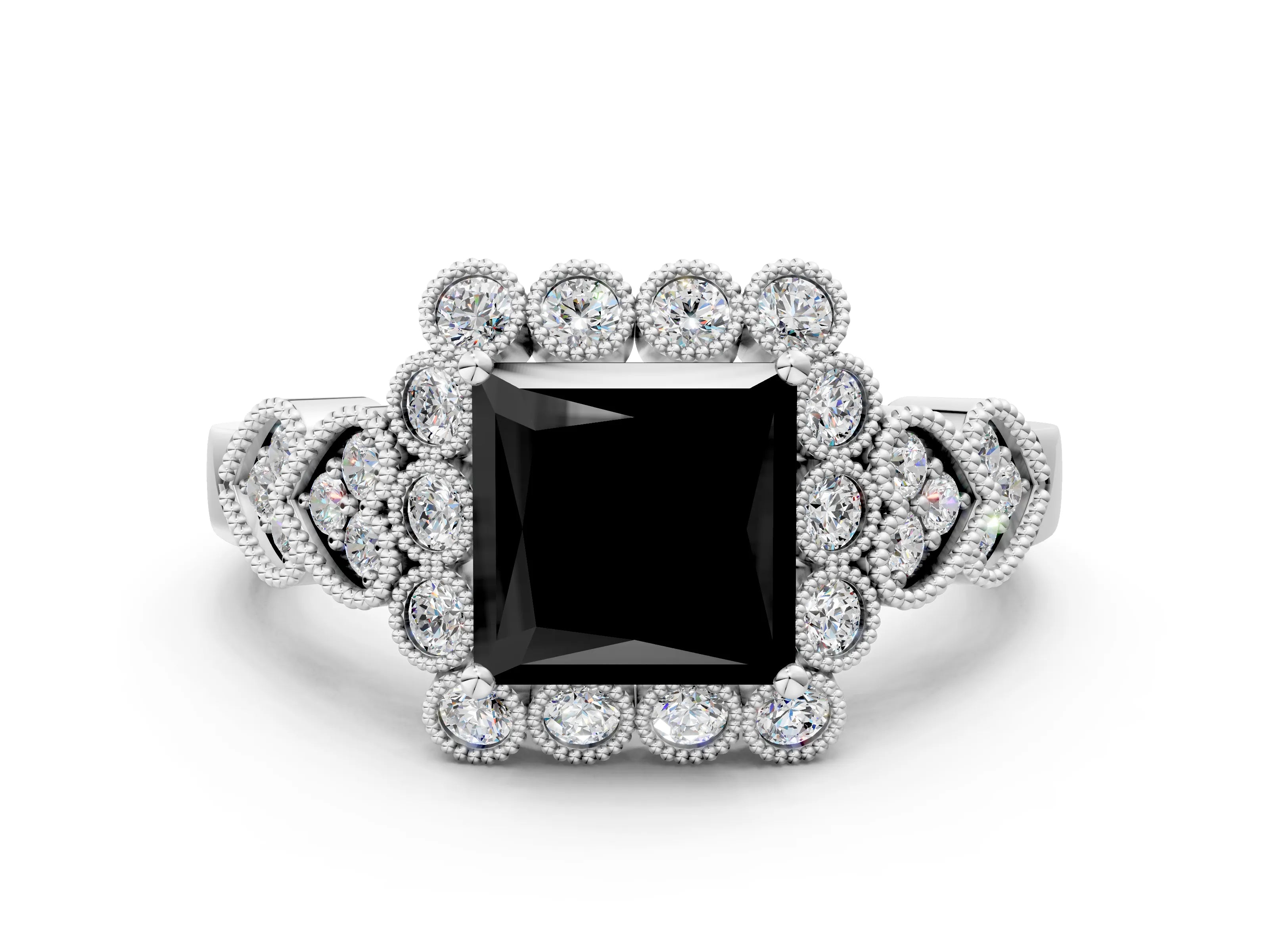 White gold Fancy Black Princess Cut Brilliant Milgrain Pave Heart Band Solitaire Ring_24