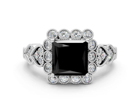 White gold Fancy Black Princess Cut Brilliant Milgrain Pave Heart Band Solitaire Ring_24