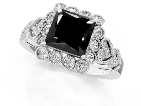 White gold Fancy Black Princess Cut Brilliant Milgrain Pave Heart Band Solitaire Ring_25