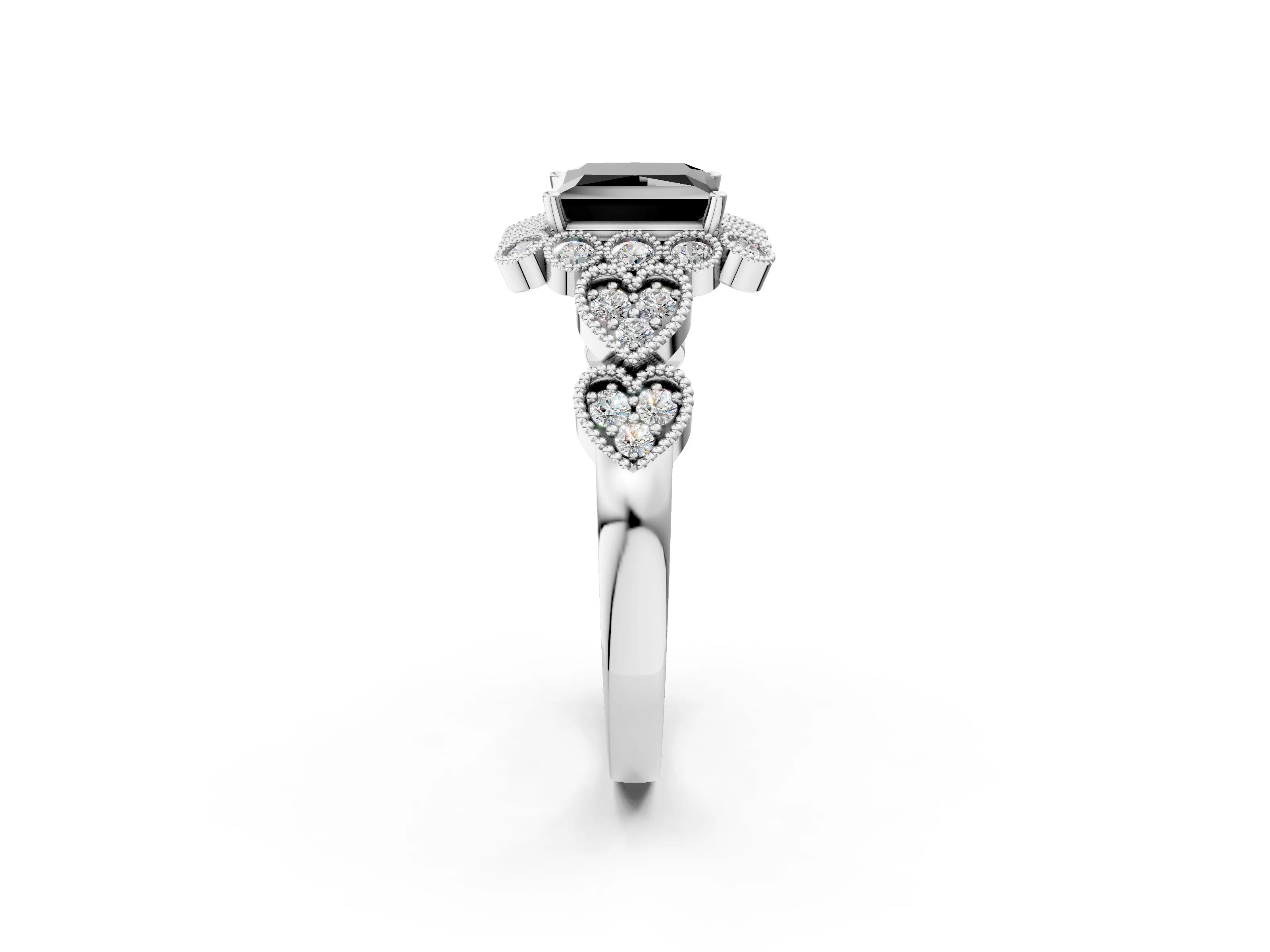 White gold Fancy Black Princess Cut Brilliant Milgrain Pave Heart Band Solitaire Ring_26