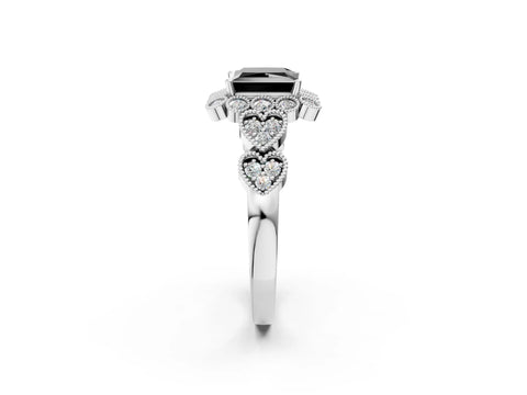 White gold Fancy Black Princess Cut Brilliant Milgrain Pave Heart Band Solitaire Ring_26