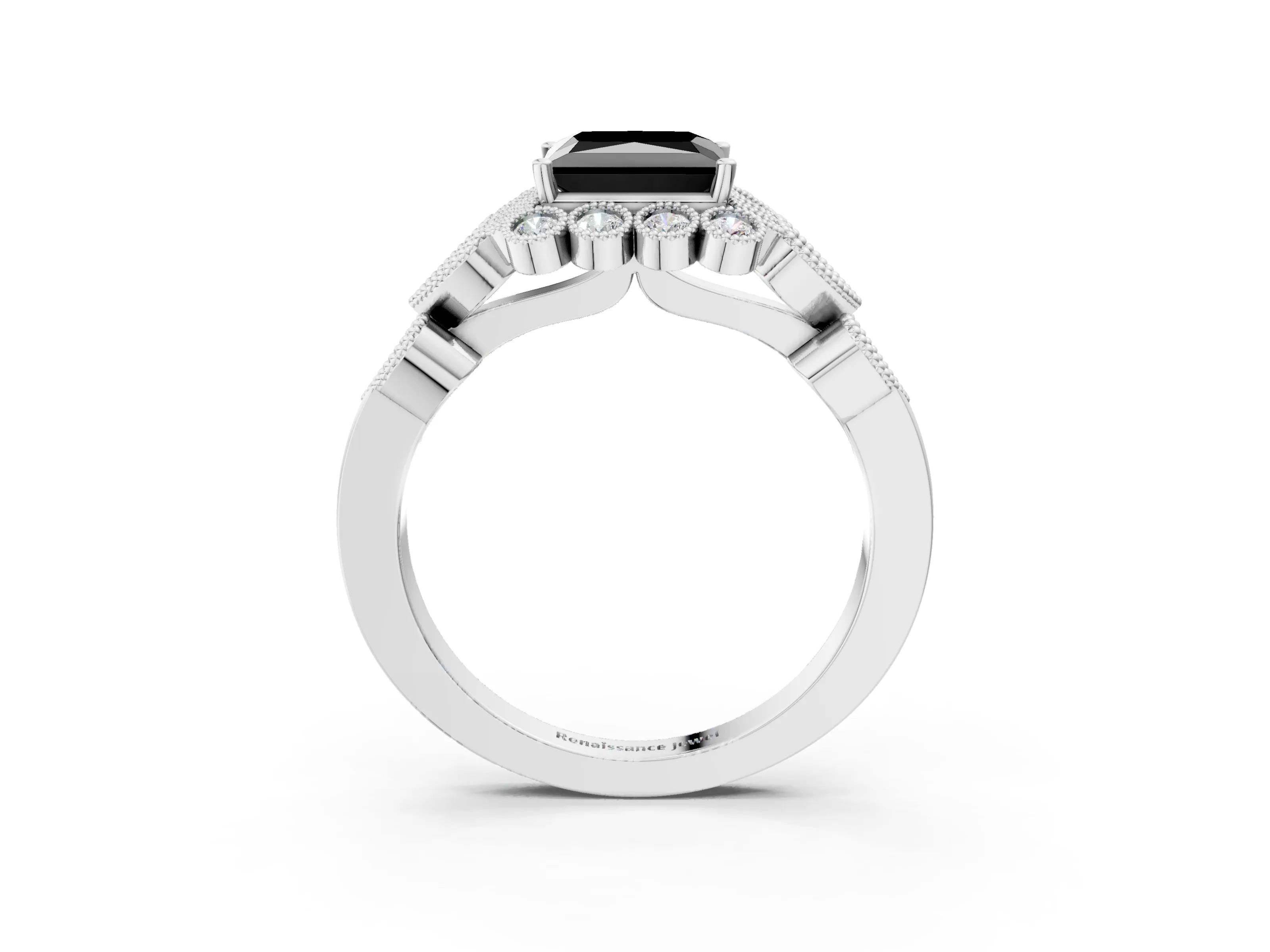 White gold Fancy Black Princess Cut Brilliant Milgrain Pave Heart Band Solitaire Ring_3