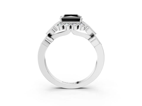 White gold Fancy Black Princess Cut Brilliant Milgrain Pave Heart Band Solitaire Ring_3