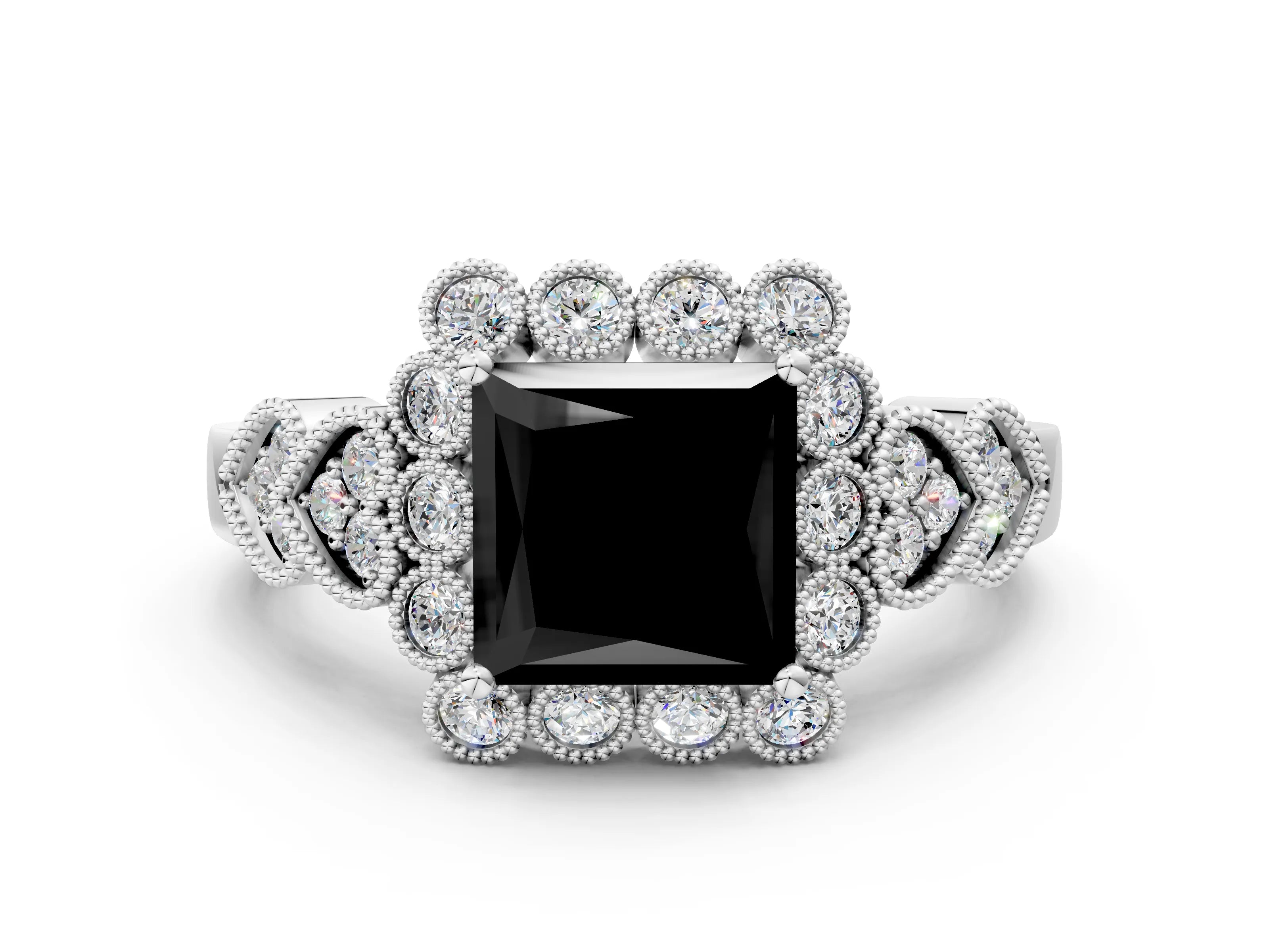 White gold Fancy Black Princess Cut Brilliant Milgrain Pave Heart Band Solitaire Ring