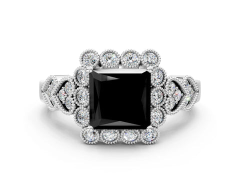 White gold Fancy Black Princess Cut Brilliant Milgrain Pave Heart Band Solitaire Ring