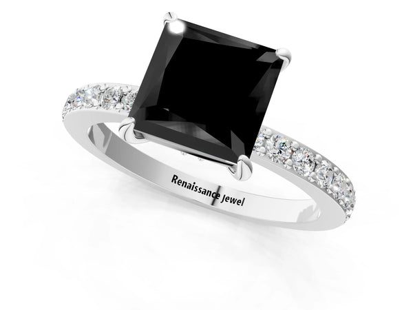 White Gold Princess Cut Hidden Halo Solitaire Engagement Ring Setting for Black Center with Pave Band and Prong Head