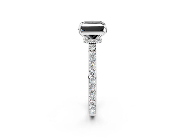 White Gold Princess Cut Hidden Halo Solitaire Engagement Ring Setting for Black Center with Pave Band and Prong Head