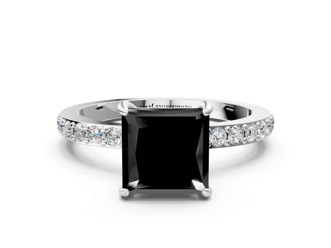 White gold Fancy Black Princess Cut Brilliant Pavé Band Solitaire with Four-Prong Setting