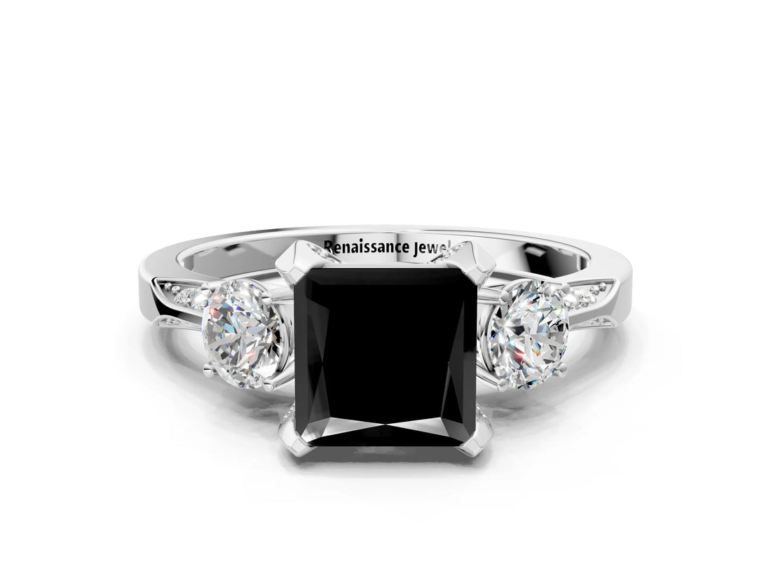 White gold Fancy Black Princess Cut Brilliant Three-Stone Diamond Ring with Pavé Band and Four-Prong Setting_15