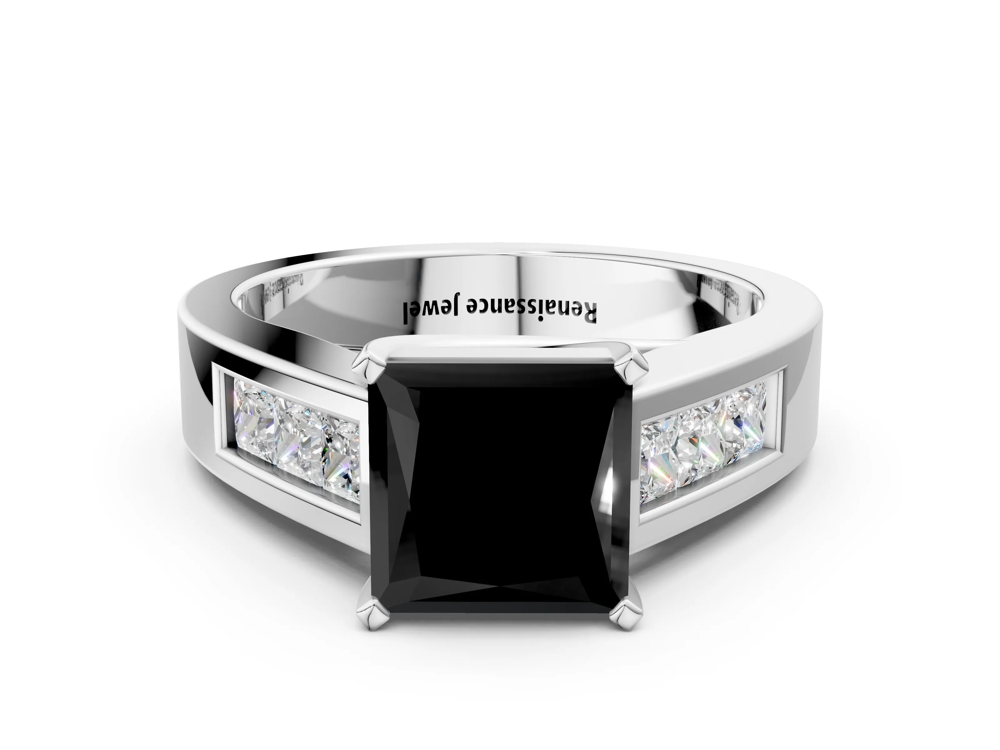 White gold Fancy Black Princess Cut Cut Channel Set Solitaire Ring with Four-Prong Setting_12