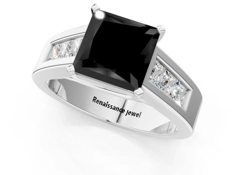 White gold Fancy Black Princess Cut Cut Channel Set Solitaire Ring with Four-Prong Setting_1