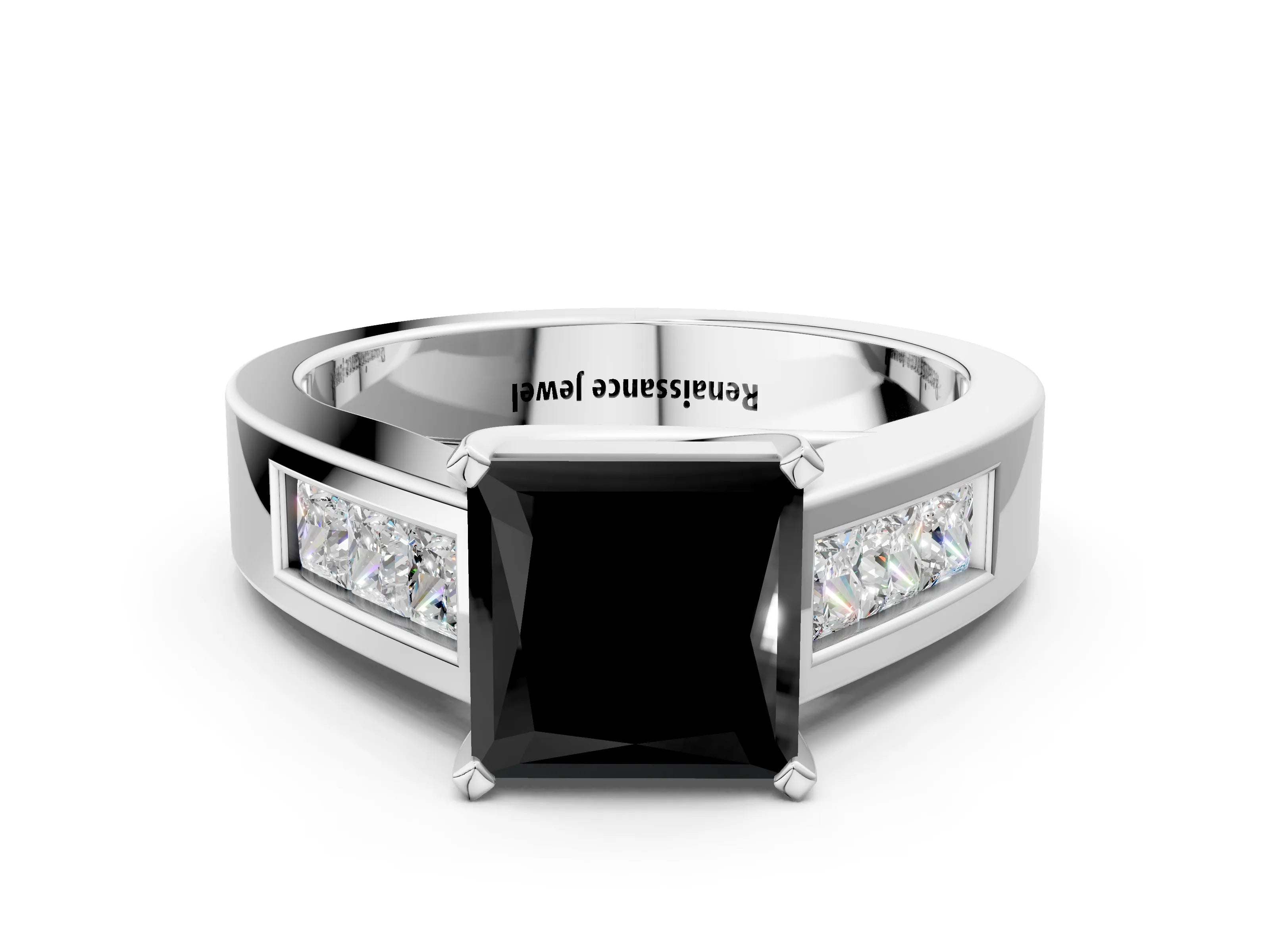 White gold Fancy Black Princess Cut Cut Channel Set Solitaire Ring with Four-Prong Setting