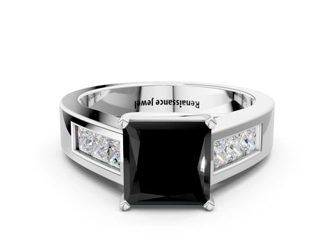 White gold Fancy Black Princess Cut Cut Channel Set Solitaire Ring with Four-Prong Setting