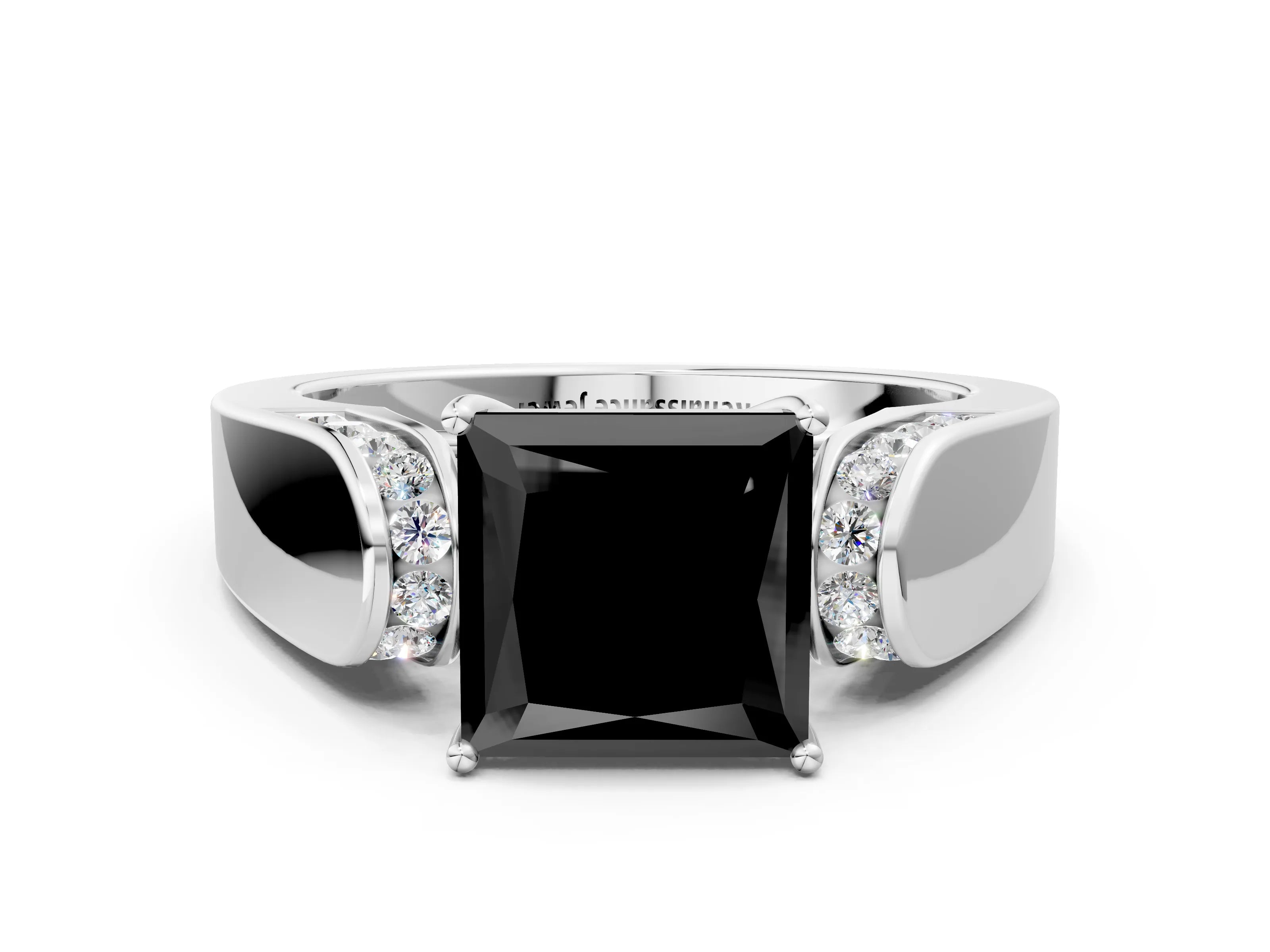 White gold Fancy Black Princess Cut Cut Diamond Channel Set Solitaire Ring with Four-Prong Setting