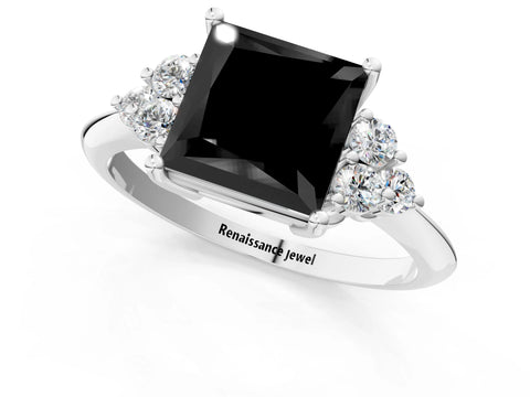 White gold Fancy Black Princess Cut Cut Diamond Cluster Ring with Solitaire Band and Four-Prong Setting_13