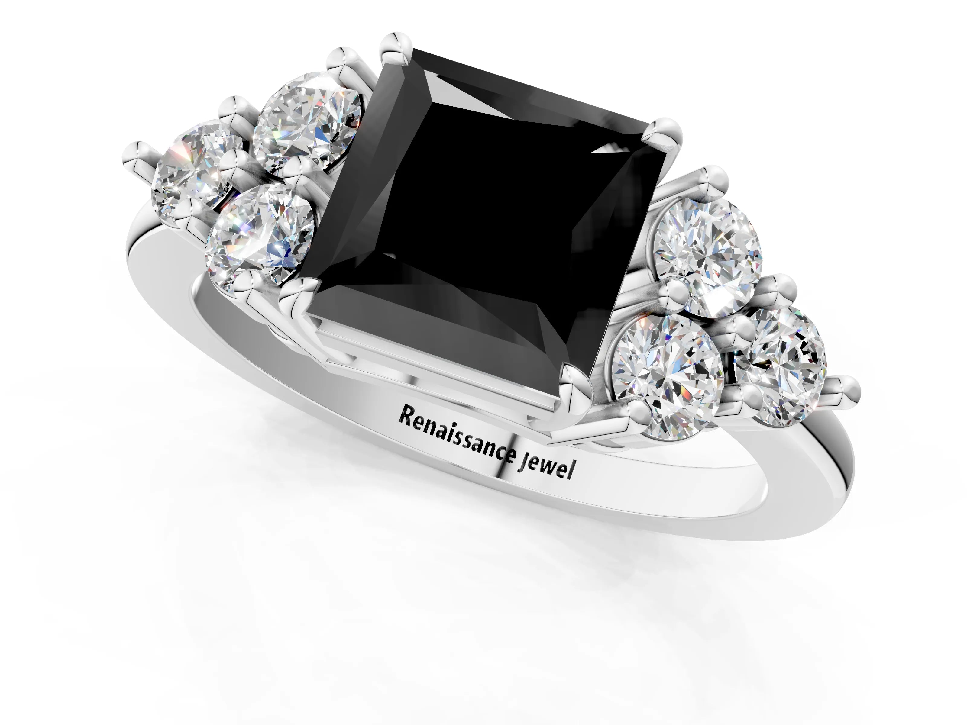 White gold Fancy Black Princess Cut Cut Diamond Cluster Ring with Solitaire Band and Four-Prong Setting_1