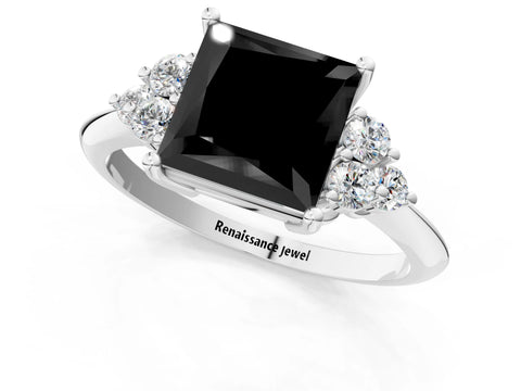 White gold Fancy Black Princess Cut Cut Diamond Cluster Ring with Solitaire Band and Four-Prong Setting_25