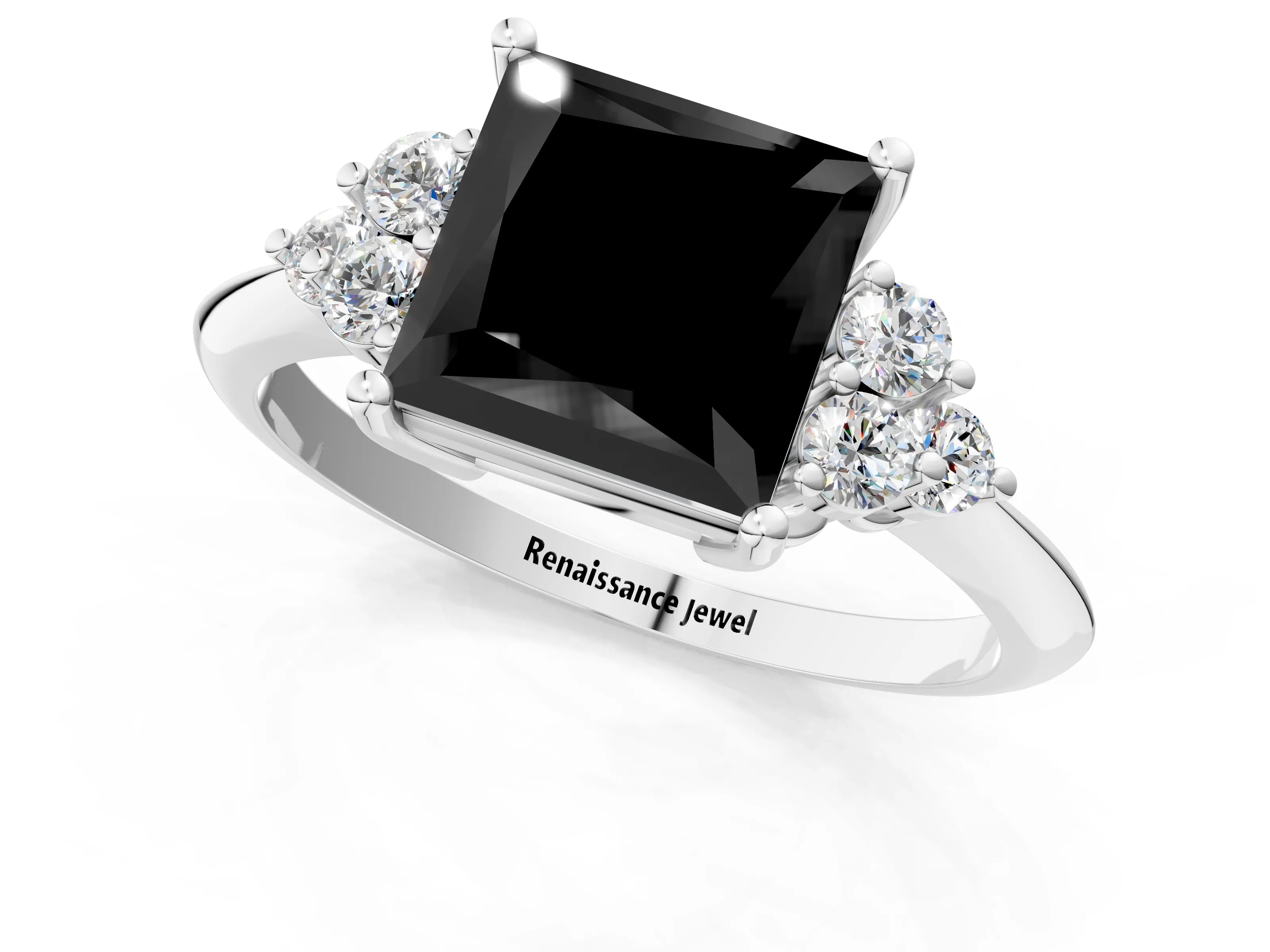 White gold Fancy Black Princess Cut Cut Diamond Cluster Ring with Solitaire Band and Four-Prong Setting_31