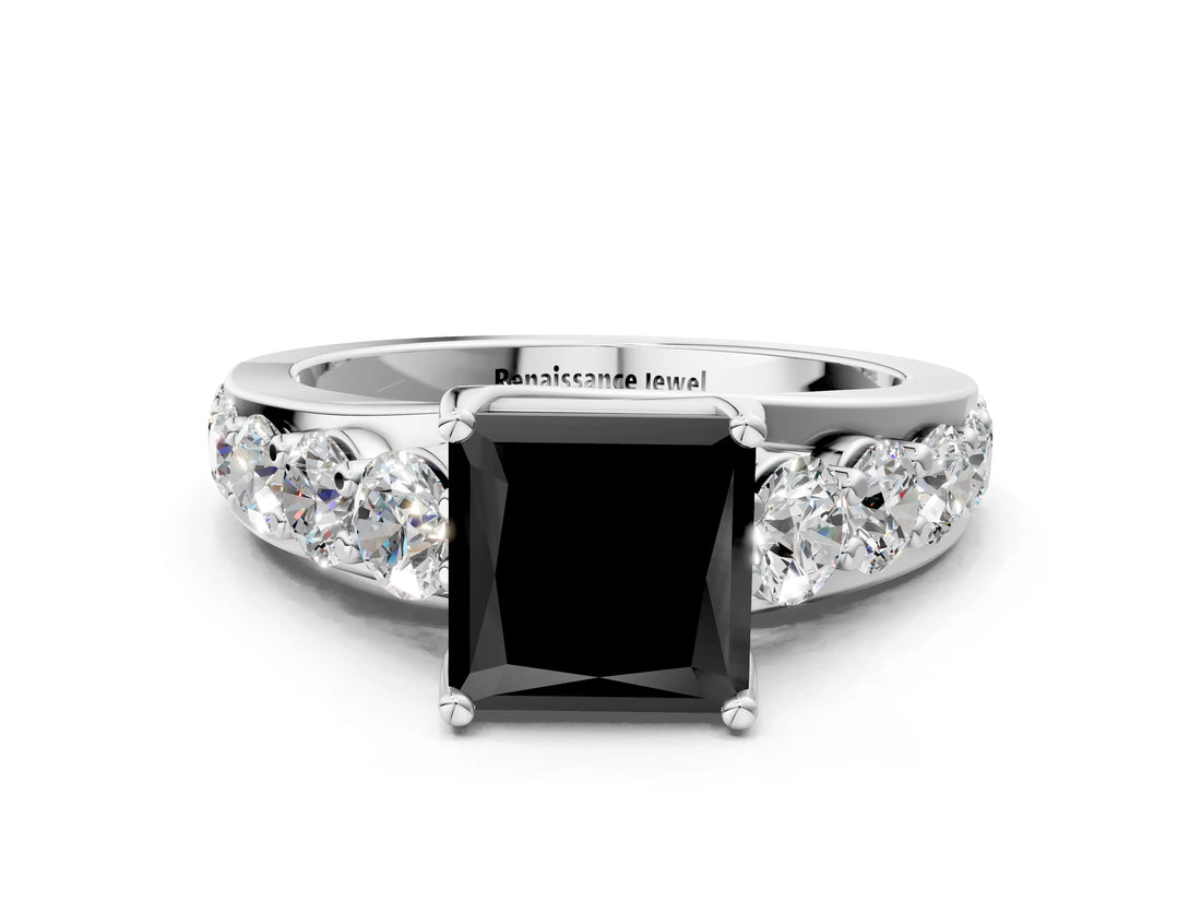 White gold Fancy Black Princess Cut Cut Diamond Engagement Ring with Pavé Band and Four-Prong Setting