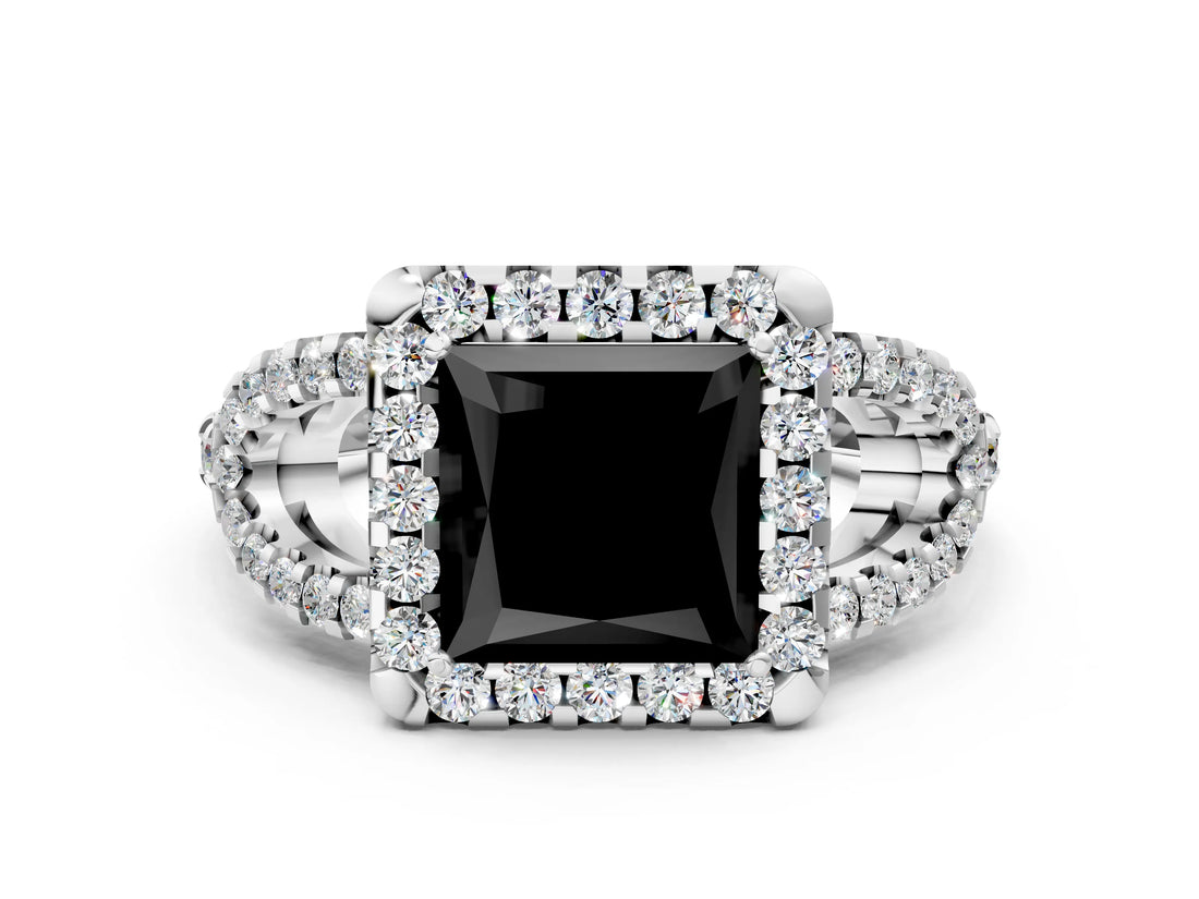 White gold Fancy Black Princess Cut Cut Diamond Halo Engagement Ring with Open Split Pavé Band