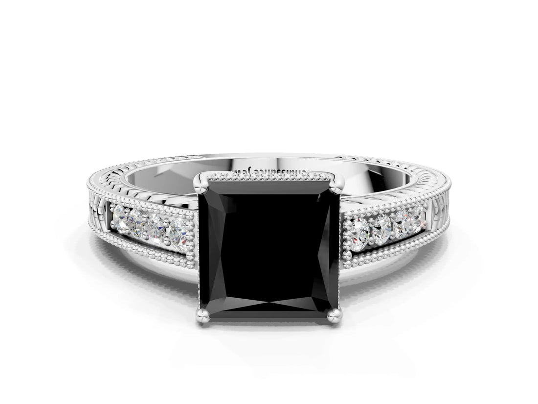 White gold Fancy Black Princess Cut Cut Diamond Milgrain Pave Band Four-Prong Setting Ring_3