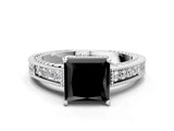 White gold Fancy Black Princess Cut Cut Diamond Milgrain Pave Band Four-Prong Setting Ring_3