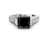 White gold Fancy Black Princess Cut Cut Diamond Pavé Band Solitaire with Four-Prong Setting