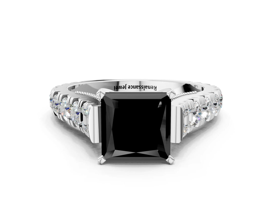 White gold Fancy Black Princess Cut Cut Diamond Pavé Band Solitaire with Four-Prong Setting