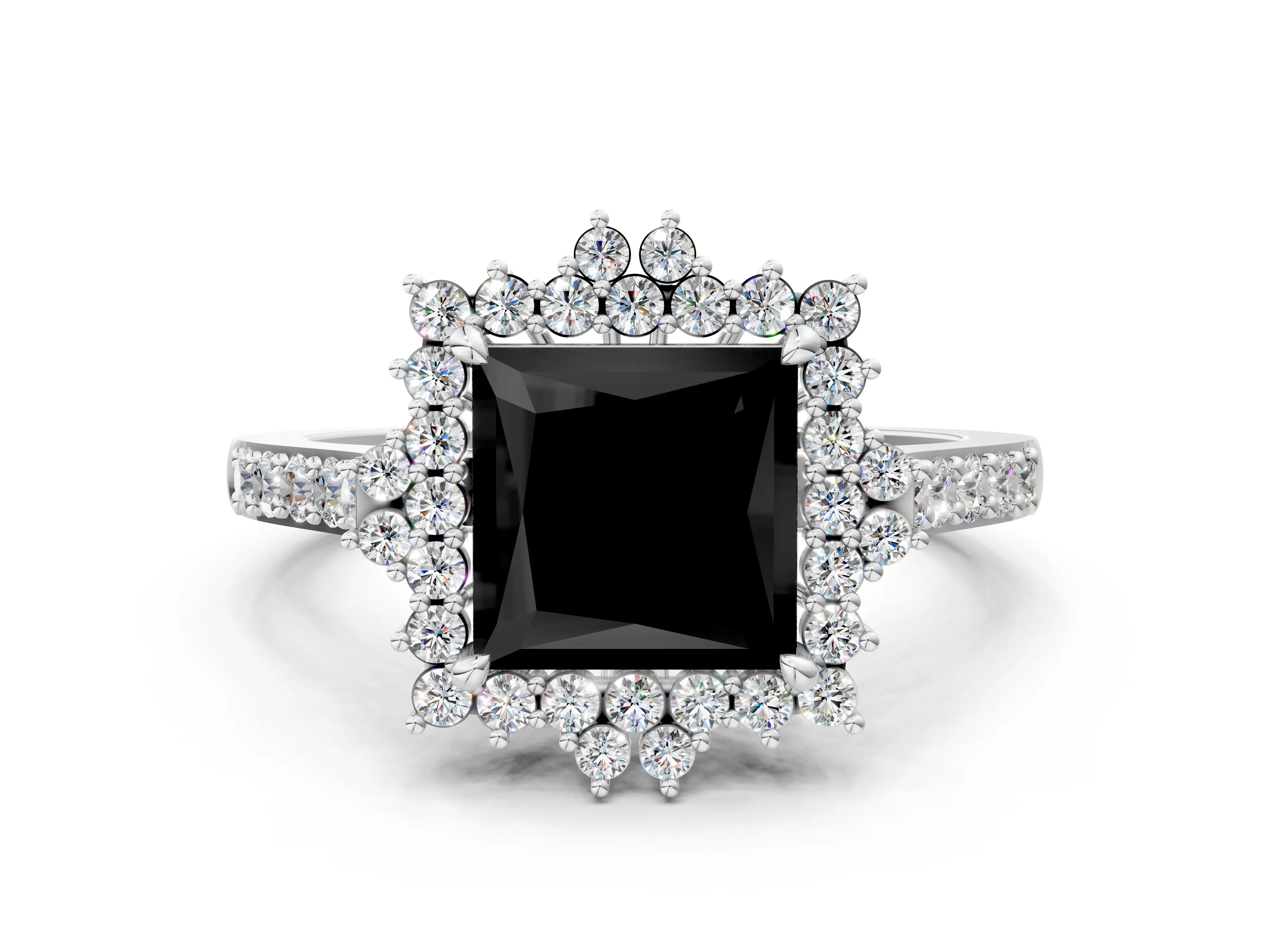 White gold Fancy Black Princess Cut Cut Diamond Sunburst Halo Engagement Ring with Pavé Band