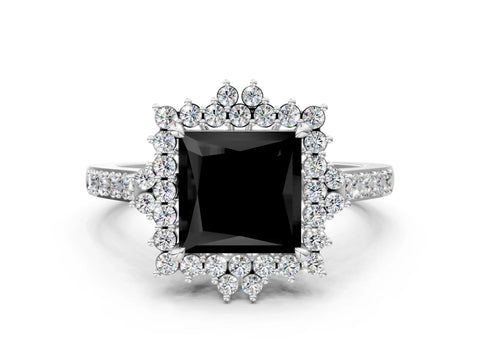 White gold Fancy Black Princess Cut Cut Diamond Sunburst Halo Engagement Ring with Pavé Band_12