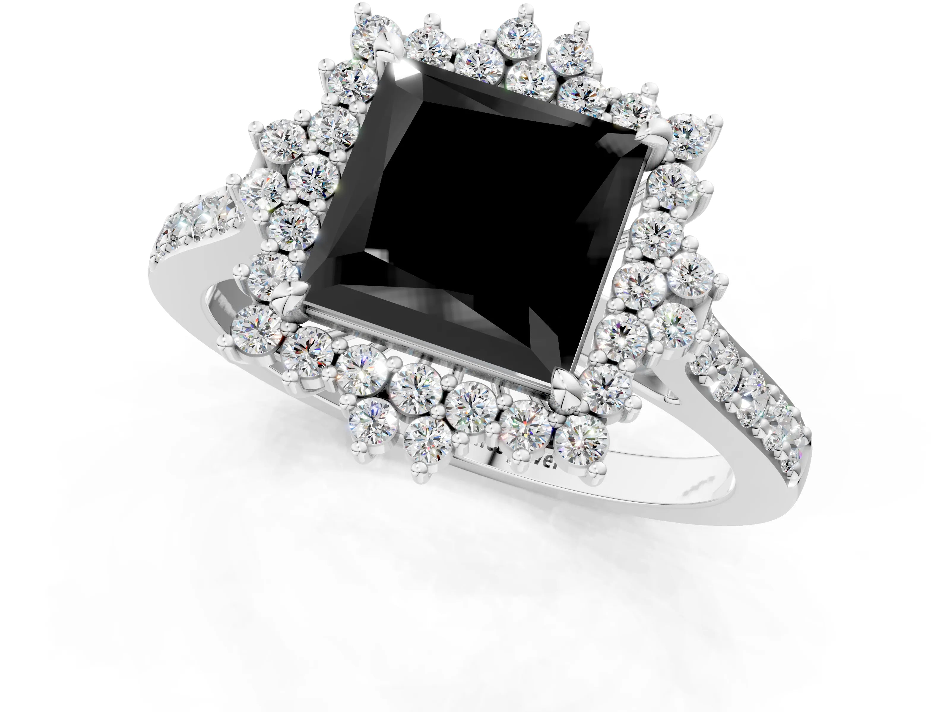 White gold Fancy Black Princess Cut Cut Diamond Sunburst Halo Engagement Ring with Pavé Band_13