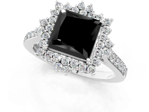 White gold Fancy Black Princess Cut Cut Diamond Sunburst Halo Engagement Ring with Pavé Band_13