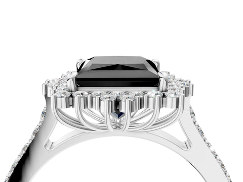 White gold Fancy Black Princess Cut Cut Diamond Sunburst Halo Engagement Ring with Pavé Band_16