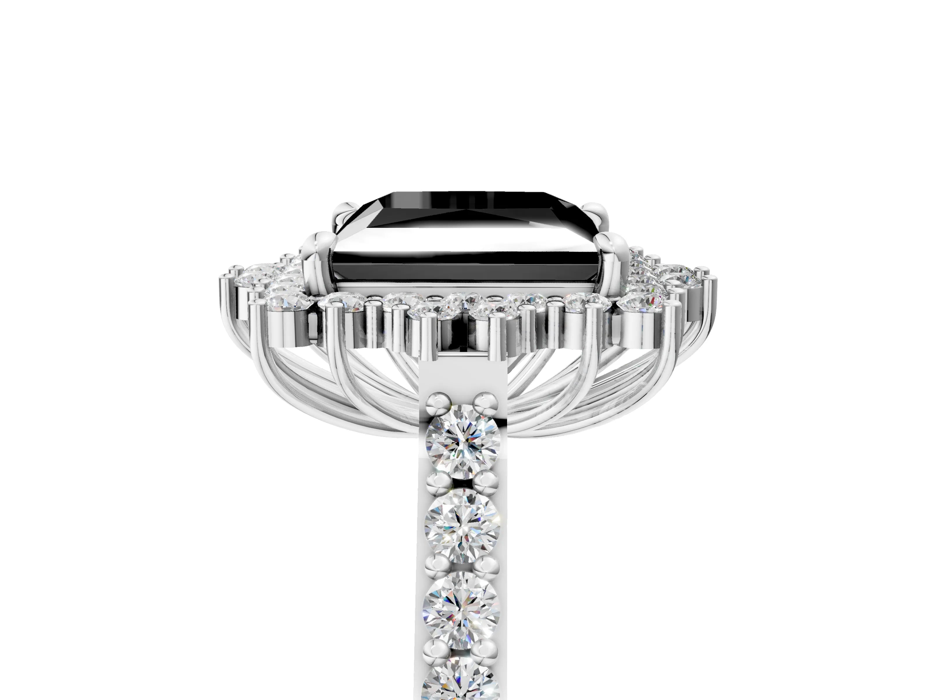 White gold Fancy Black Princess Cut Cut Diamond Sunburst Halo Engagement Ring with Pavé Band_17