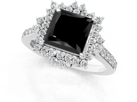 White gold Fancy Black Princess Cut Cut Diamond Sunburst Halo Engagement Ring with Pavé Band_1