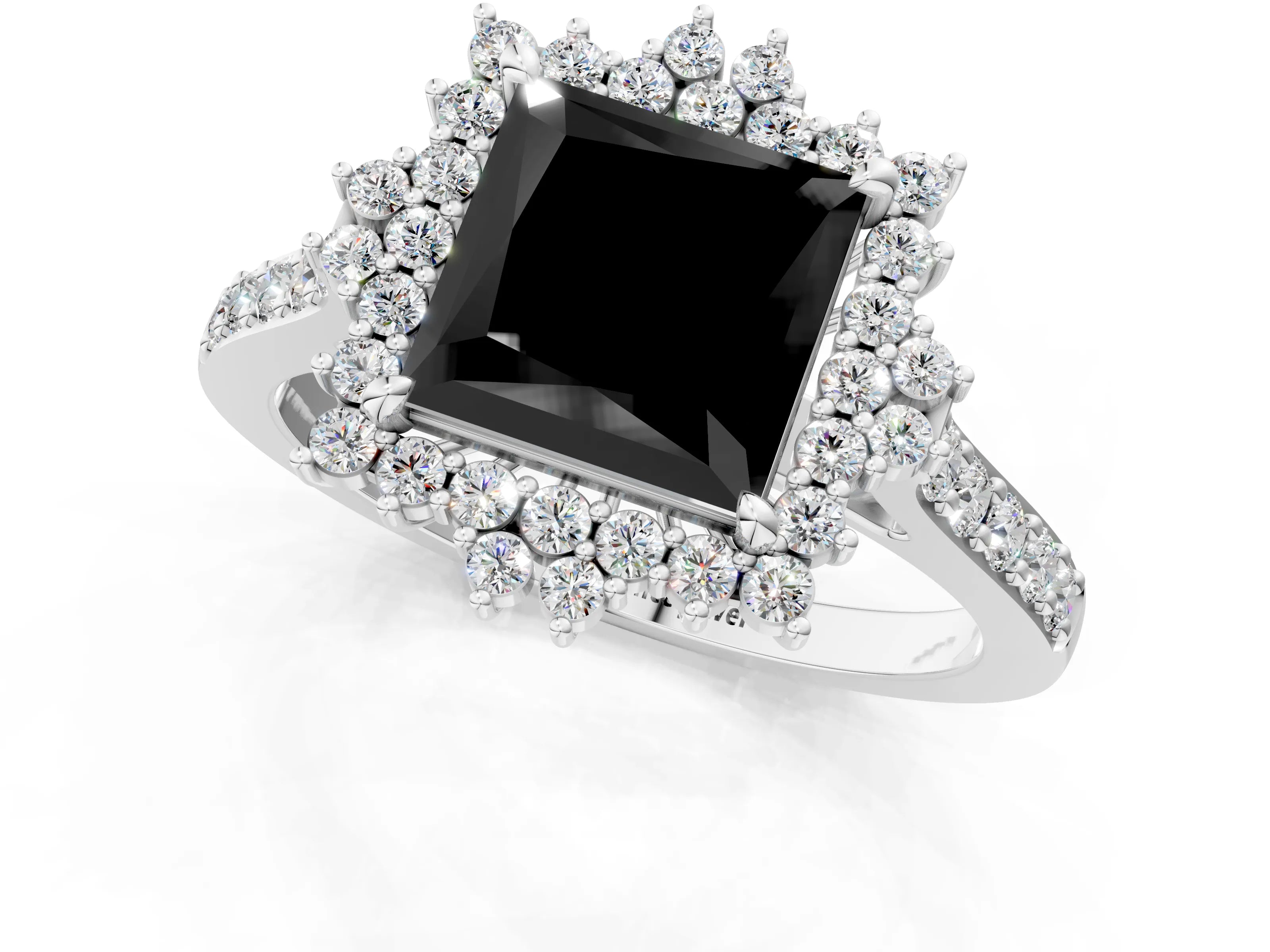 White gold Fancy Black Princess Cut Cut Diamond Sunburst Halo Engagement Ring with Pavé Band_1