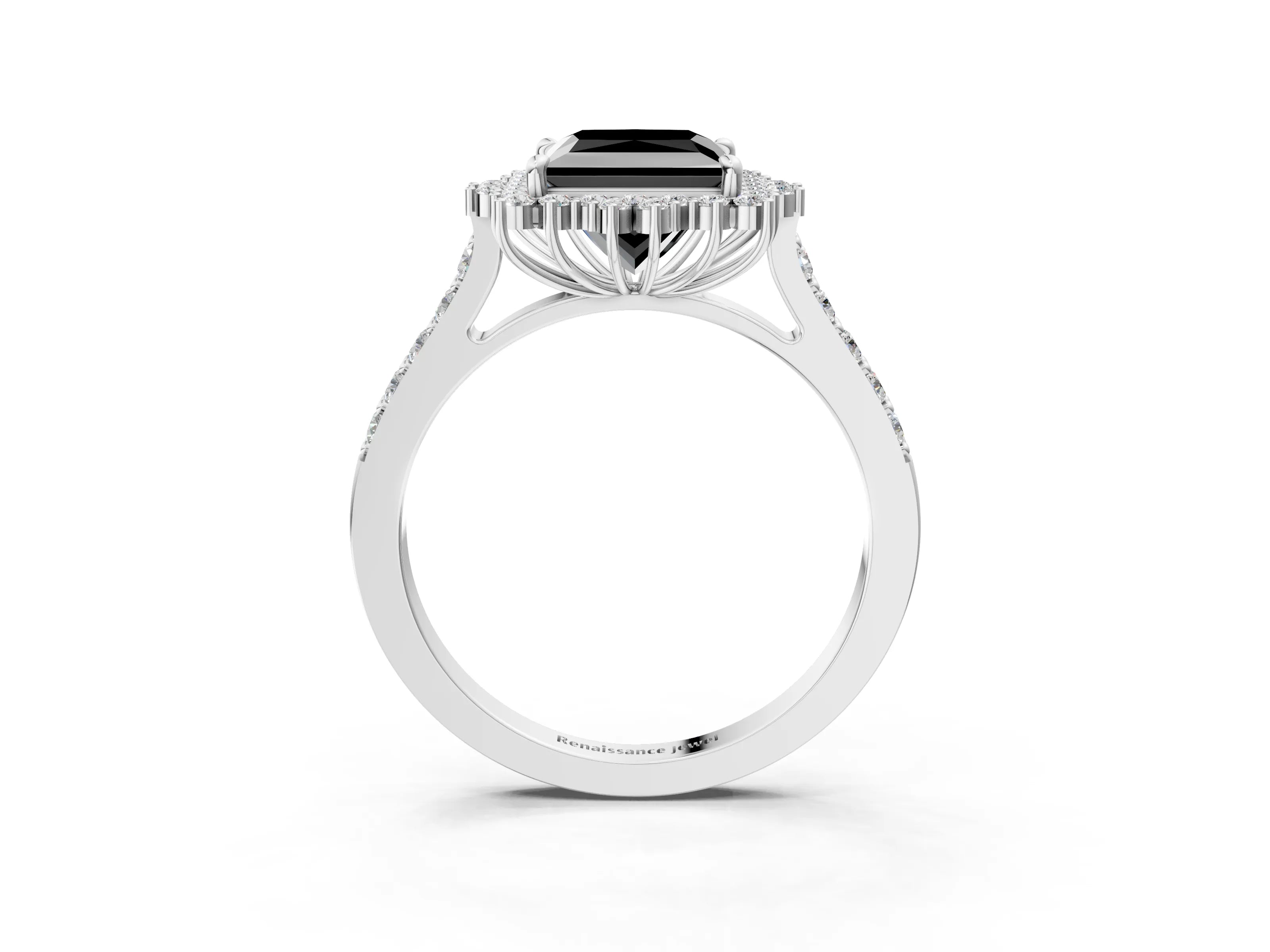 White gold Fancy Black Princess Cut Cut Diamond Sunburst Halo Engagement Ring with Pavé Band_3