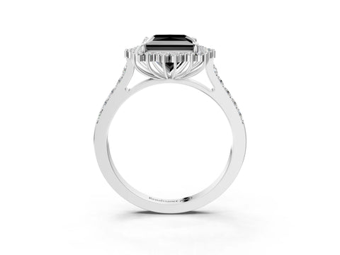 White gold Fancy Black Princess Cut Cut Diamond Sunburst Halo Engagement Ring with Pavé Band_3