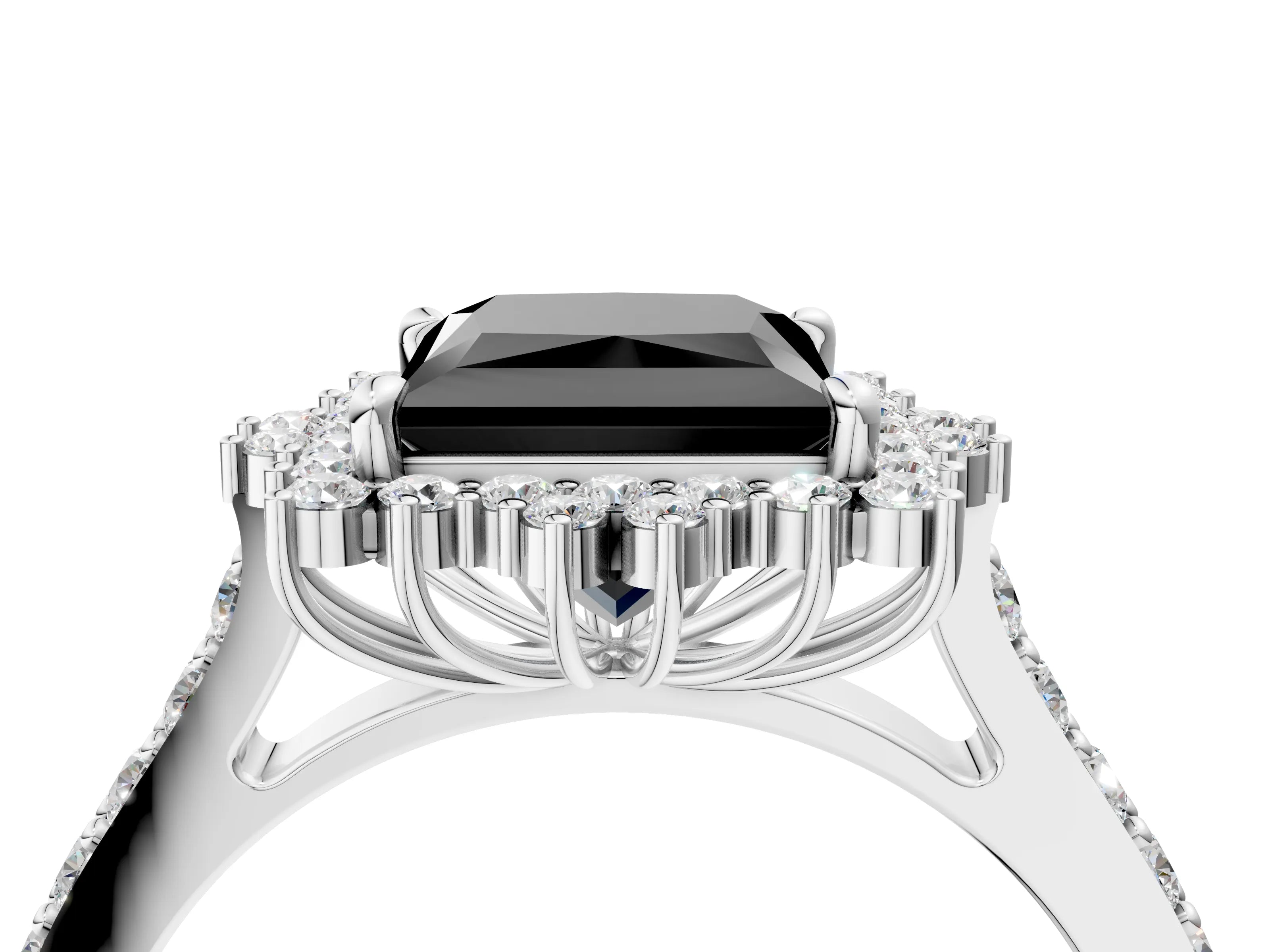 White gold Fancy Black Princess Cut Cut Diamond Sunburst Halo Engagement Ring with Pavé Band_4