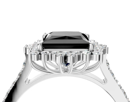White gold Fancy Black Princess Cut Cut Diamond Sunburst Halo Engagement Ring with Pavé Band_4