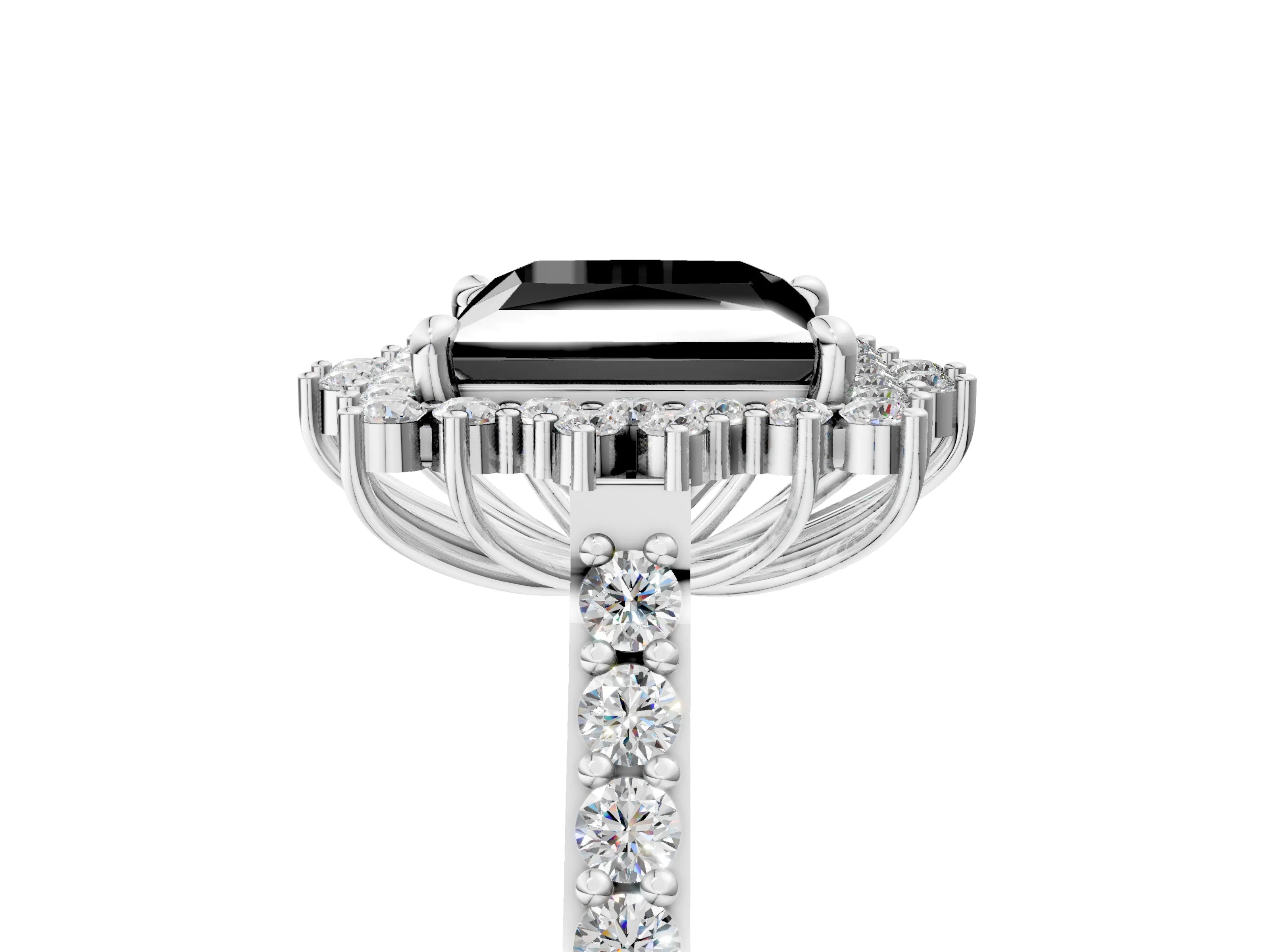 White gold Fancy Black Princess Cut Cut Diamond Sunburst Halo Engagement Ring with Pavé Band_5